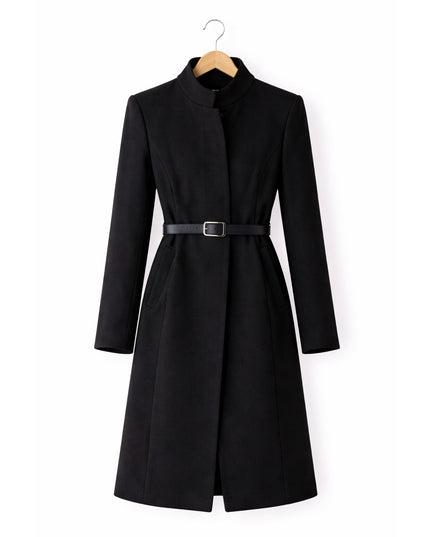 Black coat on a hanger against a white background