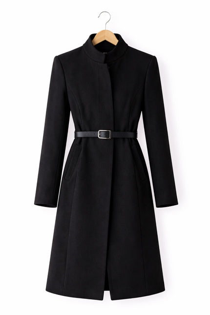 Black coat on a hanger against a white background