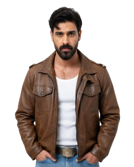 Man wearing a brown leather jacket on a white background