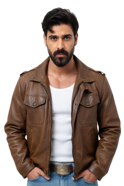 Man wearing a brown leather jacket on a white background