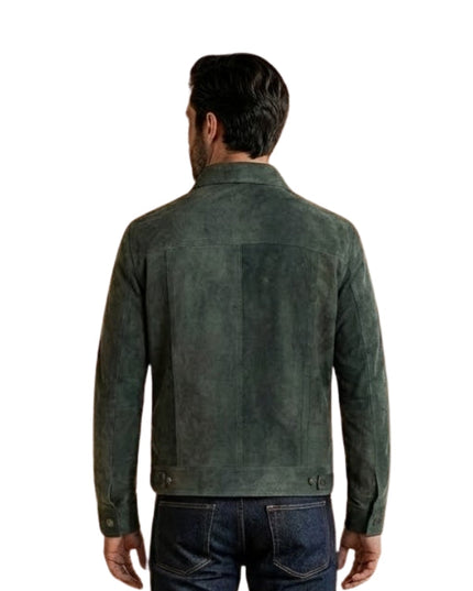 Man wearing a green suede jacket on a white background