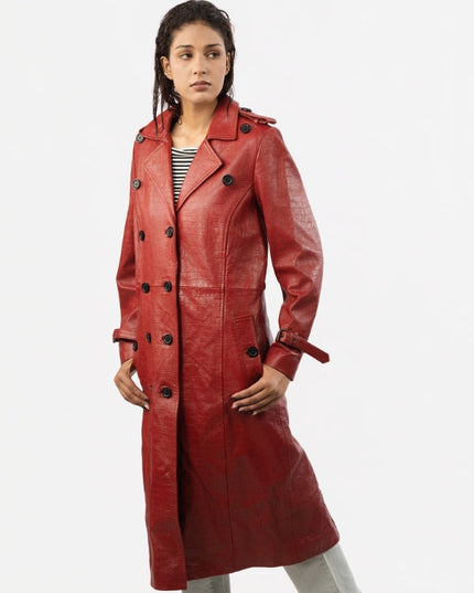 Woman wearing red leather coat
