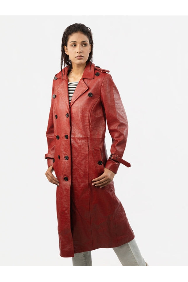 Woman wearing red leather coat
