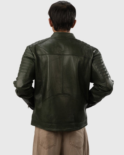 Person wearing a Green leather jacket on a white background