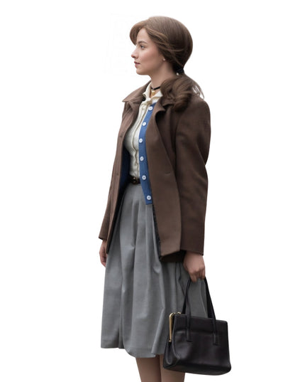 Woman in a brown coat with a gray skirt and black handbag on a white background