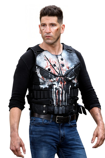 Man wearing a tactical vest with a Punisher logo on a white background