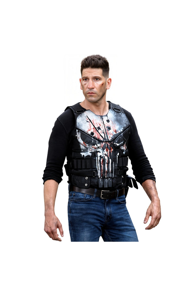 Man wearing a tactical vest with a Punisher logo on a white background