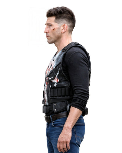Man wearing a black tactical vest on a white background