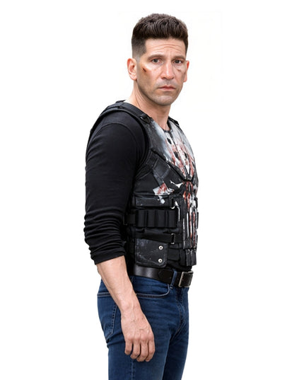 Man wearing a tactical vest with a graphic design on a white background