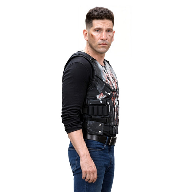 Man wearing a tactical vest with a graphic design on a white background