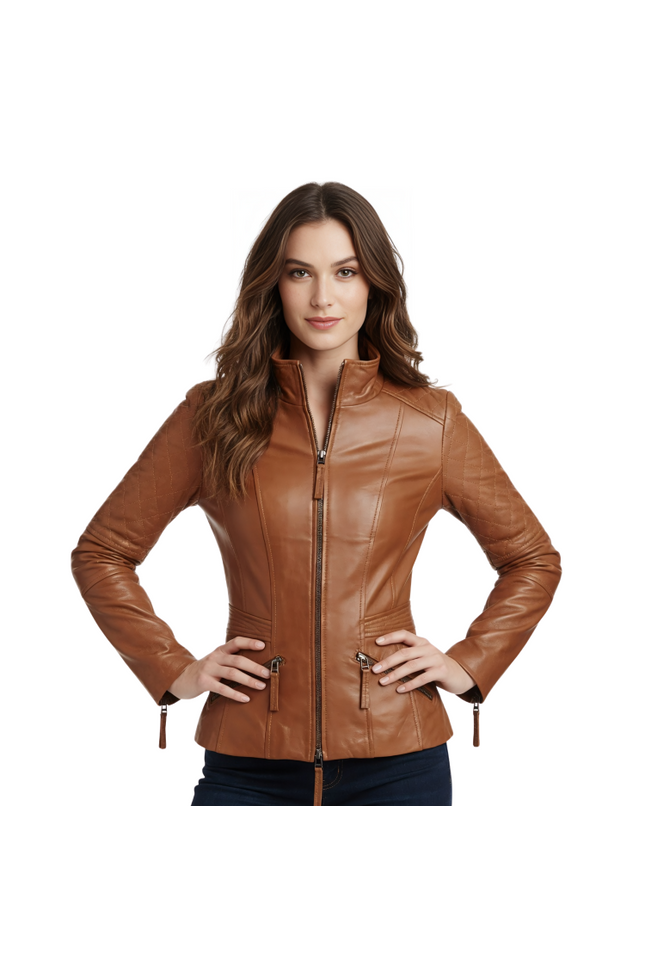 Quilted Brown Lambskin Leather Biker Jacket