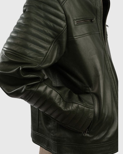 Close-up of a Green leather jacket on a light gray background