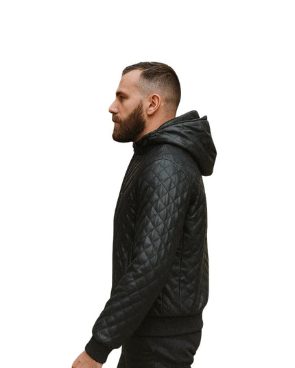 Quilted hooded bomber Quilted Black Leather Jacket