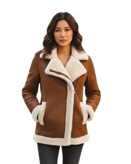 Woman wearing a brown coat with white fur trim on a white background