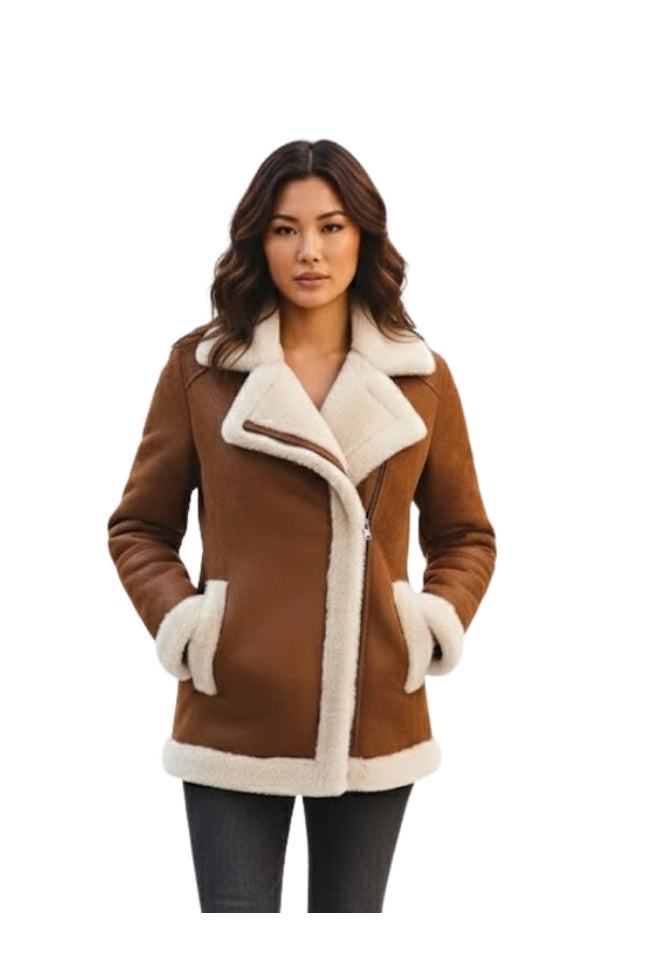 Woman wearing a brown coat with white fur trim on a white background