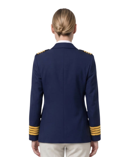 Navy blue uniform jacket with gold accents on a white background