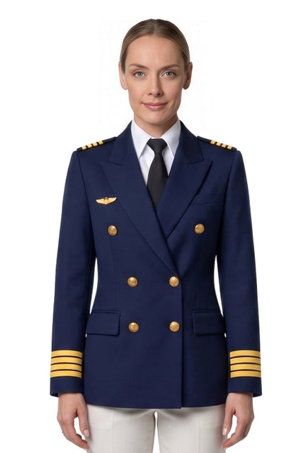 Women wearing a blue blazer on a white background