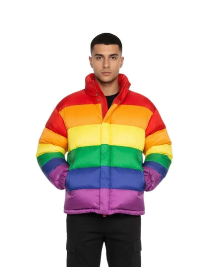 Rainbow puffer jacket featuring colorful padded winter style