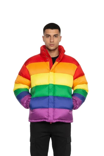 Rainbow puffer jacket featuring colorful padded winter style