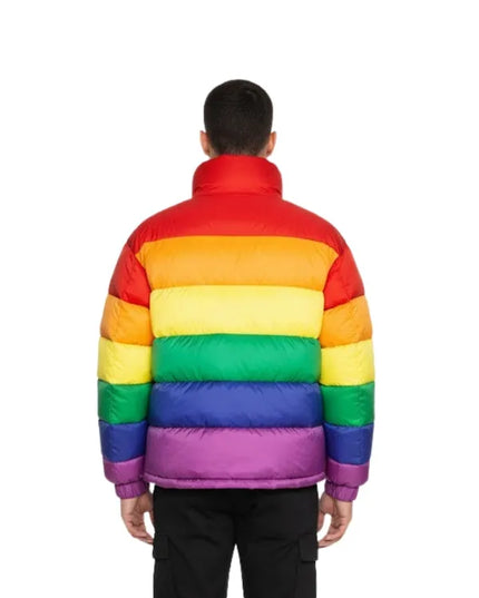 Multicolor rainbow puffer jacket with bold vibrant design