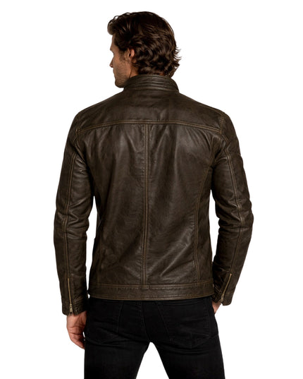 Man wearing a brown leather jacket on a white background