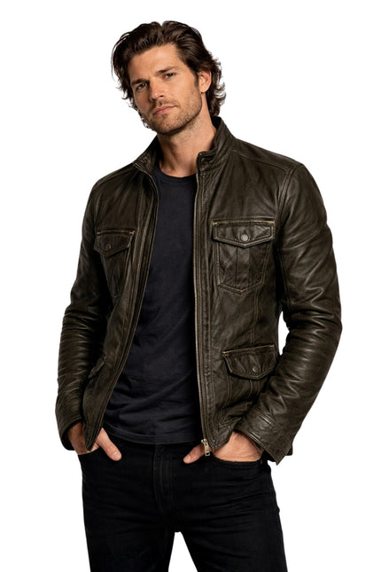Man wearing a brown leather jacket on a white background