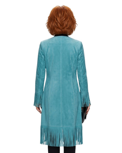 Teal suede coat with fringe details on a white background