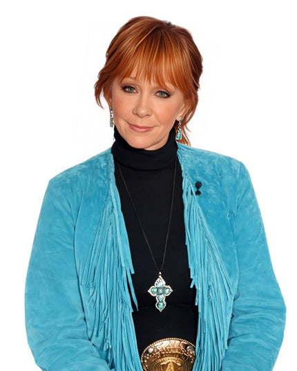 Person wearing a turquoise fringed jacket on a white background