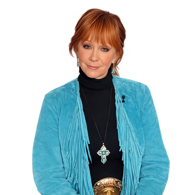 Person wearing a turquoise fringed jacket on a white background