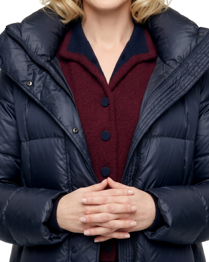 Rebecca Eileen Anne Hathaway Puffer Trench Coat Closeup shot