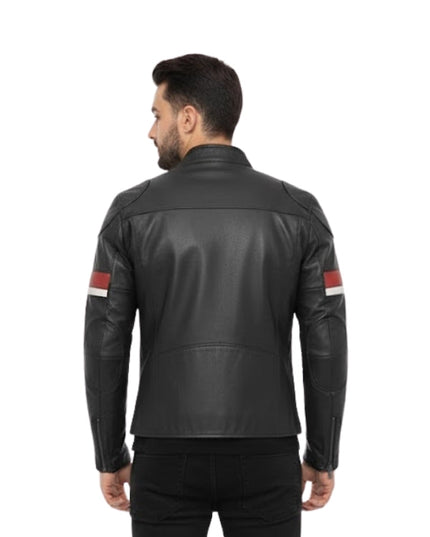 Man wearing a black leather jacket with red and white stripes on a white background