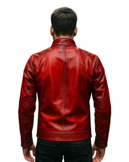 Red leather jacket worn by a person on a white background