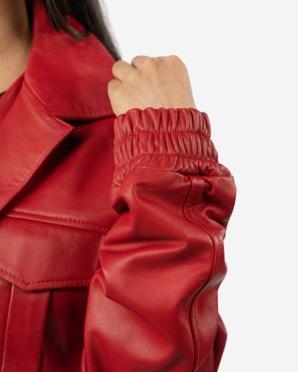 Women's Red Leather Cargo Bomber Jacket - Button-Down Style