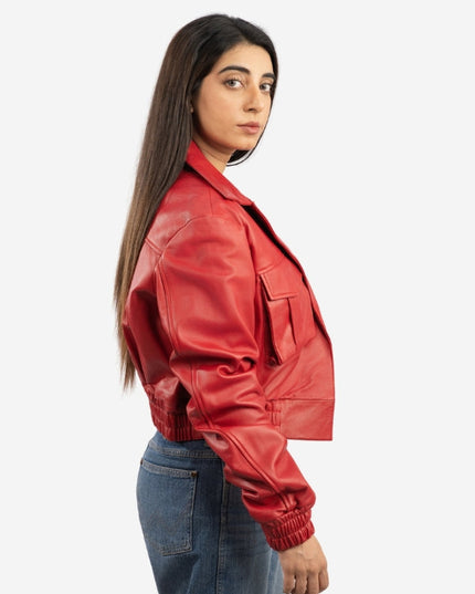 Women's Red Leather Cargo Bomber Jacket - Button-Down Style