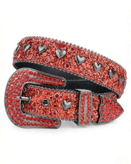 Red belt with silver heart-shaped studs on a white background