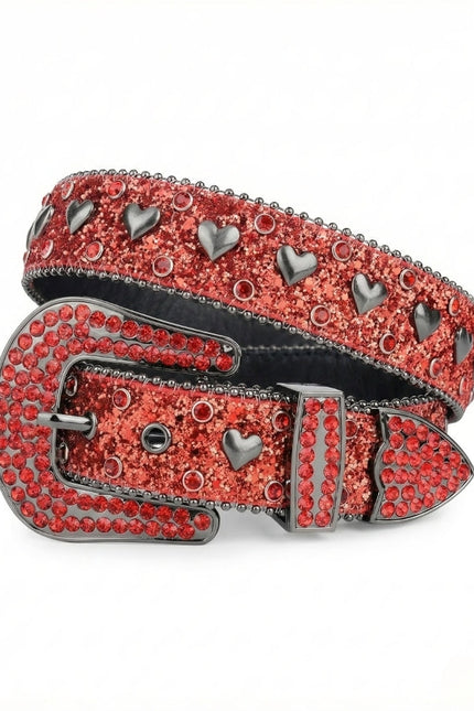 Red belt with silver heart-shaped studs on a white background