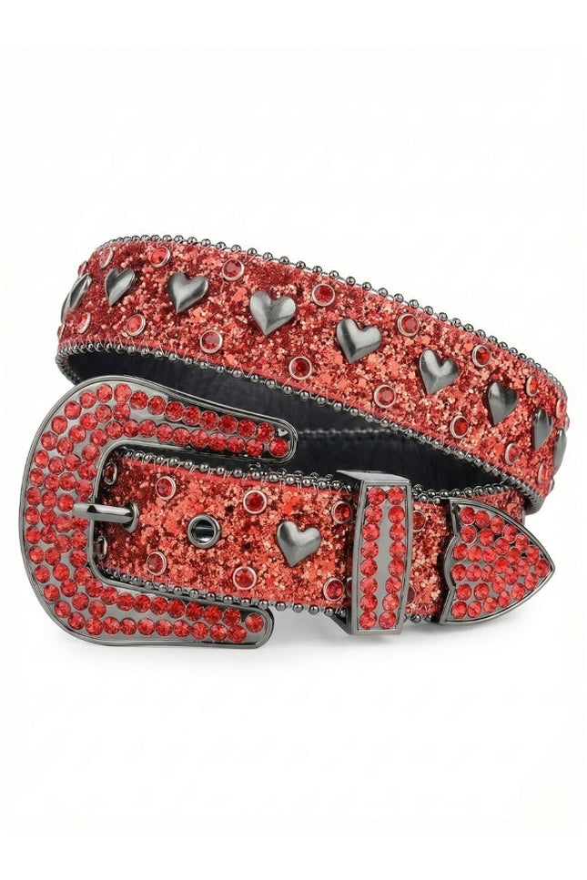 Red belt with silver heart-shaped studs on a white background