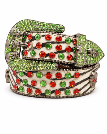 Belt with green and red gemstones on a white background