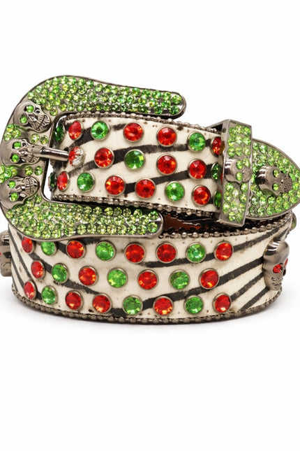 Belt with green and red gemstones on a white background