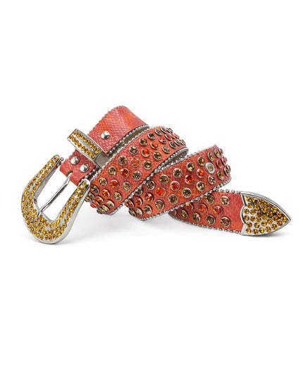 Orange belt with decorative studded buckle on a white background