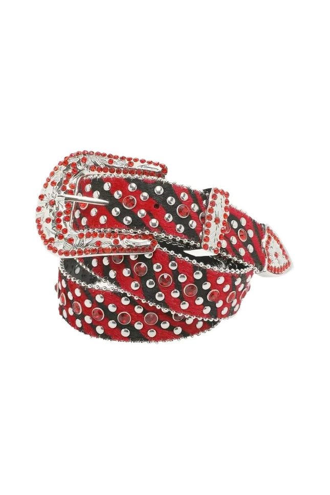 Red and black patterned belt with silver studs on a white background
