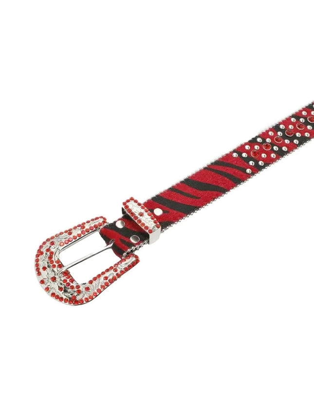 Red and black patterned belt with a silver buckle on a white background