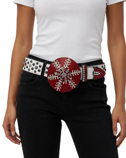 Red Rhinestone White Western Belt Live
