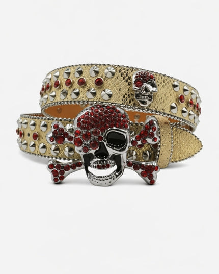 Skull-themed belt with red gemstones and gold accents on a white background