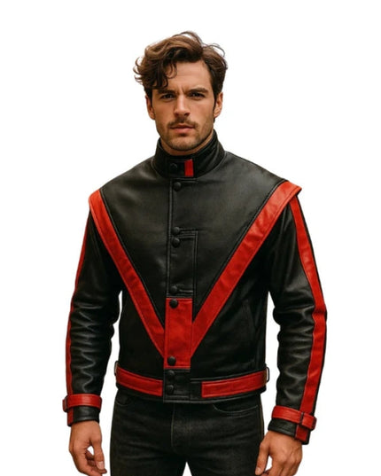 Man wearing a black leather jacket with red accents on a white background