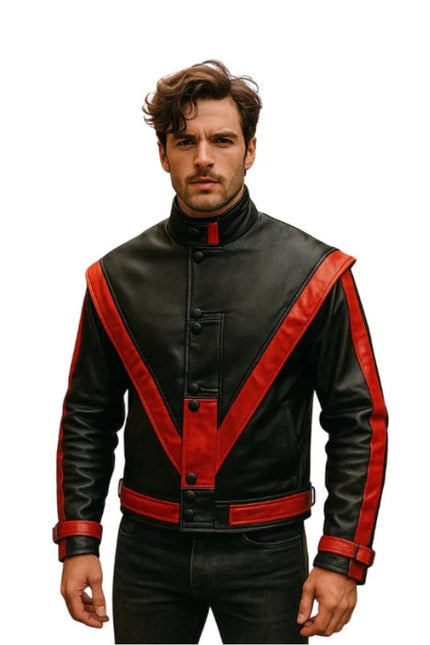 Man wearing a black leather jacket with red accents on a white background
