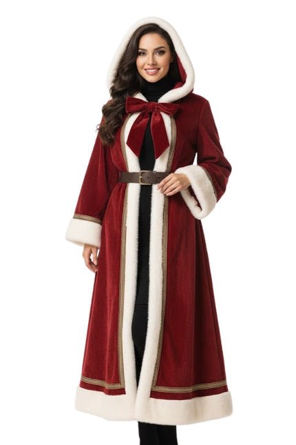 Woman wearing a red coat with white fur trim on a white background