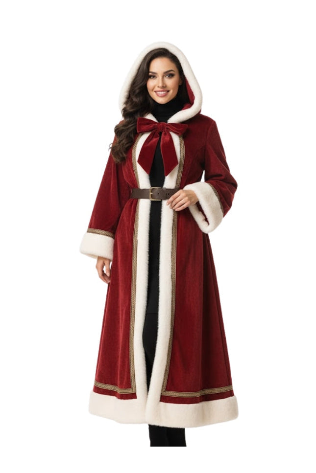 Woman wearing a red coat with white fur trim on a white background