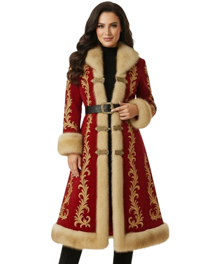 Woman wearing a red coat with gold embroidery and fur trim on a white background