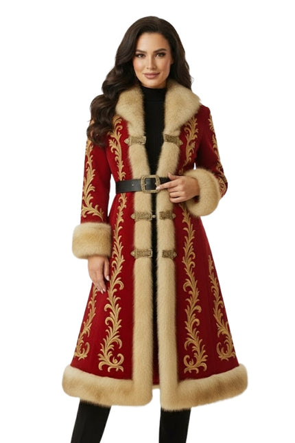 Woman wearing a red coat with gold embroidery and fur trim on a white background
